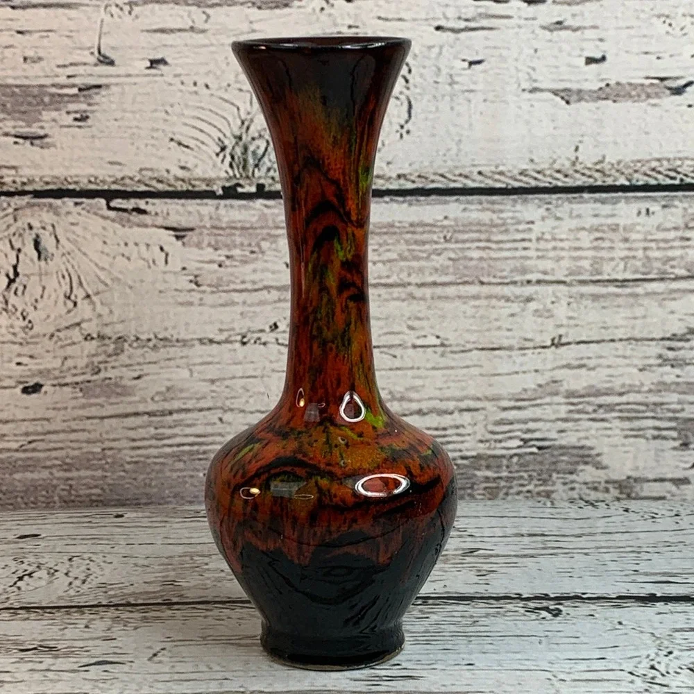 Art Pottery Vase Bud Home Decor Accent Piece Red Black Green 9.5